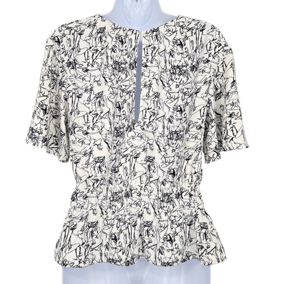 Open Edit Abstract Print Keyhole Blouse Black White Size XS - Picture 6 of 9